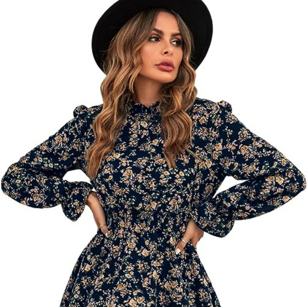 Navy mock neck ruffle dress